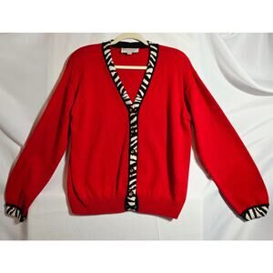 St. John SzL Vintage 90s Red Knit Cardigan w Animal Print Trims Glam Mob Wife
